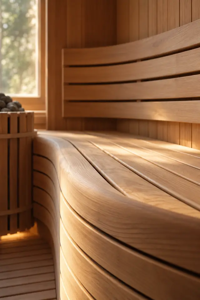Curved wooden sauna bench in warm light
