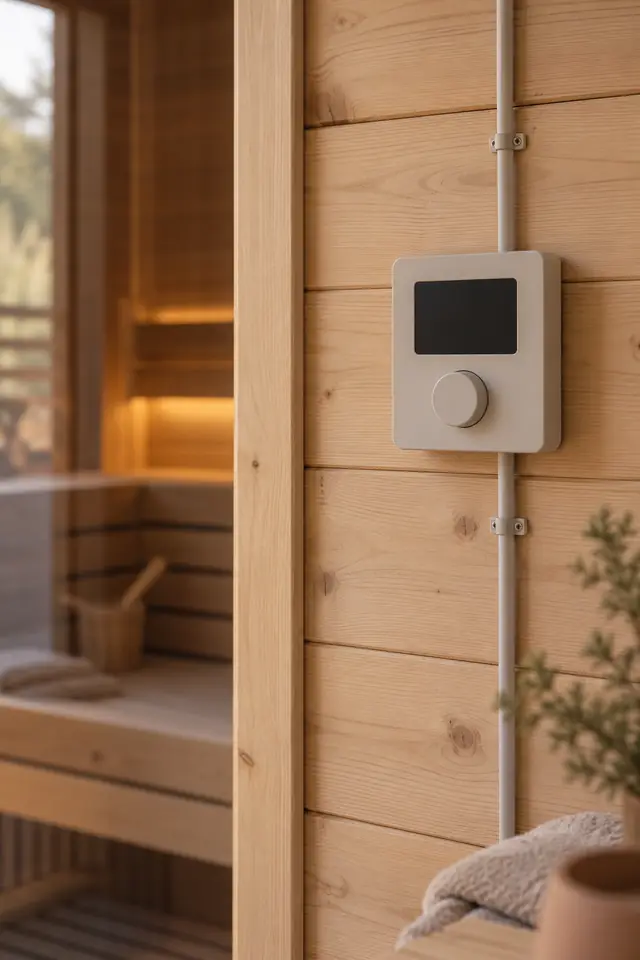Sauna control panel on a light wooden wall