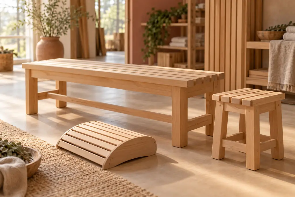 Wooden sauna furniture on a cream floor