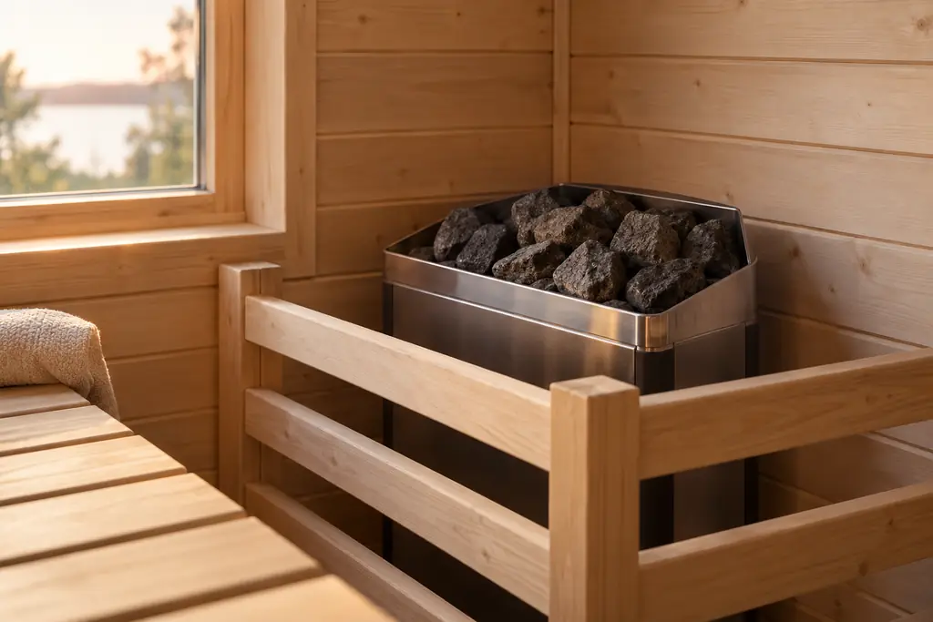 An electric sauna heater with stones behind a wooden rail