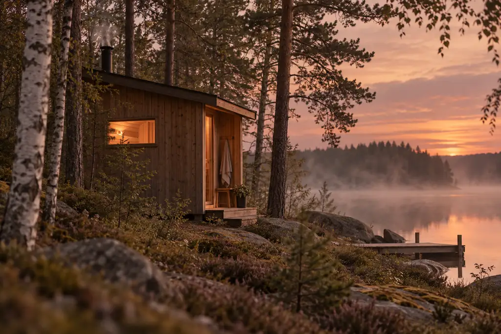 Wooden sauna cabin among trees at dusk