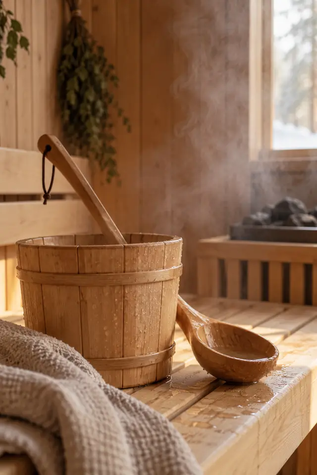 Wooden bucket and ladle on a bench