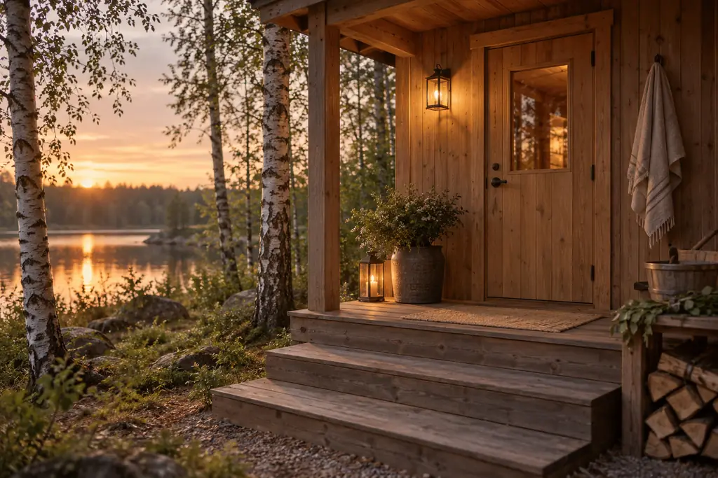 The porch of a wooden sauna cabin with a lantern