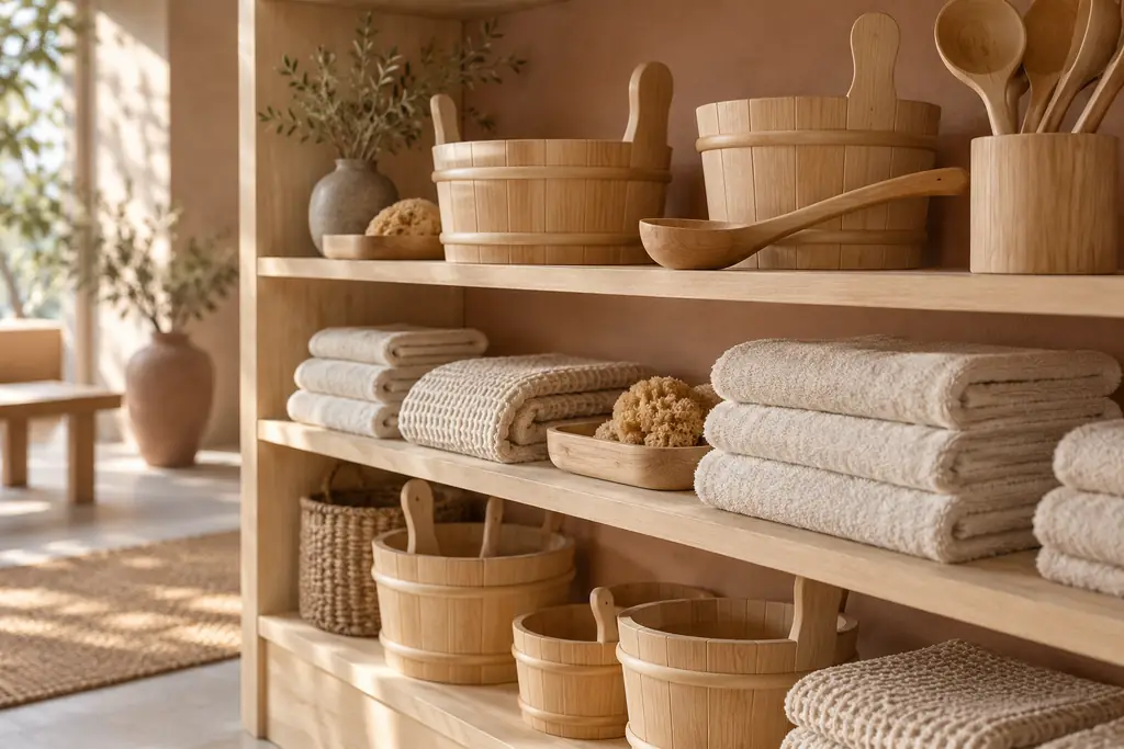 Shelves with wooden sauna buckets, ladles and towels