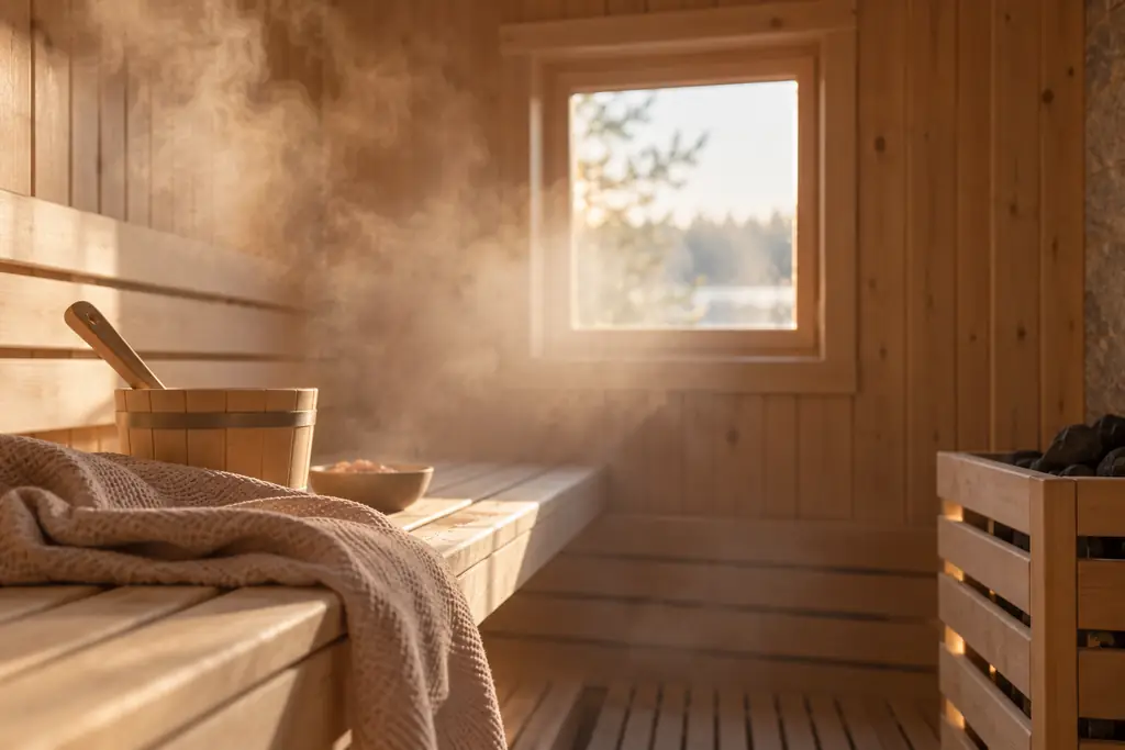 Steam drifting through light in a wooden sauna
